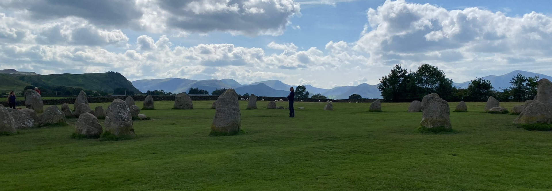 Stone circle, seemingly of ancient origin, situated in a verdant field. The stones vary in size and shape, some tall and slender, others broader and shorter. They are a muted grey-brown, weathered and showing the effects of time and the elements. They're not uniformly spaced, creating a slightly irregular, natural feel. Two individuals are visible, relatively small in scale compared to the stones and landscape. One stands slightly to the left, and the other, Charlie stands further into the circle's interior. Both appear to be observing the circle and the landscape. Their clothing is dark and indistinct. A small flock of white sheep is visible in the distance, adding a pastoral element to the scene.
