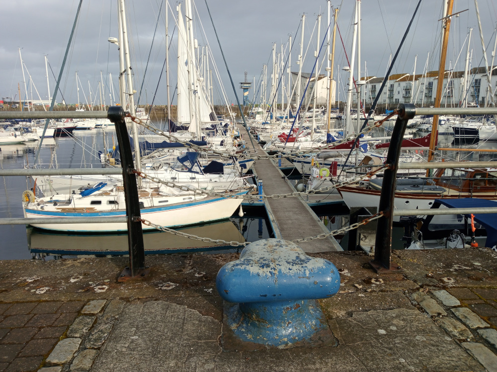 Weathered, blue bollard, prominently positioned in the foreground, on a paved dock. This bollard appears to be made of metal and shows significant wear and tear, with peeling blue paint revealing a grey under layer. It stands as a visual anchor amidst a dense array of moored sailboats. These sailboats, various sizes and designs, fill the middle and background of the scene. They are primarily white and pale blue hues, with some displaying splashes of red and other darker colours. Their masts form a dense forest of vertical lines converging toward the horizon. Chains connect many boats to the dock, indicating their secure mooring. No people are visible.
