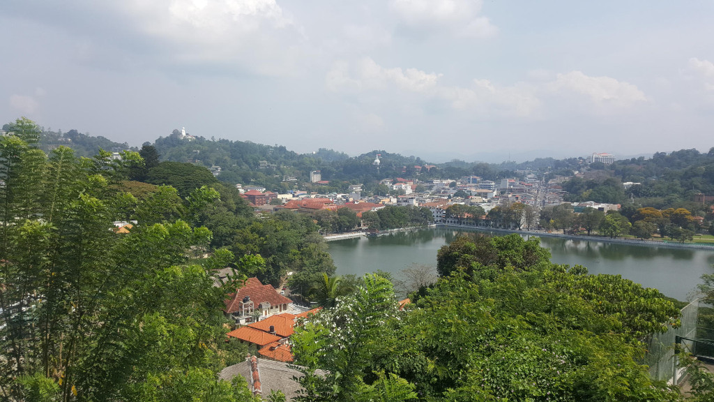 Panoramic view of Kandy, Sri Lanka, from a high vantage point, likely a hill overlooking the city. There are no people visible. The main objects are: A large, tranquil lake occupies a central portion of the mid ground, its calm, dark green-grey water reflecting the surrounding sky and buildings. The city of Kandy is densely packed with buildings, mostly low-rise structures with reddish-brown tile roofs, suggesting traditional Sri Lankan architecture. These buildings extend across the mid ground and into the background, nestled amidst lush greenery. A few taller, modern buildings are interspersed among the low-rise structures, indicating a mix of old and new construction. The foreground is dominated by a vibrant mass of green foliage, a profusion of tropical trees and plants. The hillside slopes gently down towards the lake. The hills continue into the background, providing a backdrop to the city.