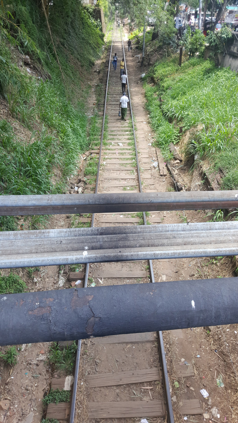 Disused, overgrown train tracks ascending a gentle incline. Several individuals are visible walking along these tracks, appearing as small figures from a high vantage point. They are dressed in simple, everyday clothing, predominantly dark hues, and seem to be casually strolling uphill. Their actions and postures suggest a relaxed pace, lacking any urgency. The tracks themselves are composed of aged, weathered wooden sleepers, the gaps between showing patches of brown earth and scattered debris. Overlying the tracks are three parallel dark gray-metallic horizontal pipes or beams, appearing sturdy and possibly part of a bridge structure that the viewer is seemingly on. environment is lush, with dense vegetation, primarily tall grass, lining the sides of the tracks. The background shows a continuation of this greenery, with hints of trees and buildings in the distance, suggesting an urban fringe or a less developed residential area. The overall colour palette is muted: greens from the vegetation, earthy browns from the soil and wood, and dark grays and blacks from the pipes and figures. The lighting appears to be natural daylight, relatively soft and diffused, indicating possibly an overcast sky or shade from the foliage.