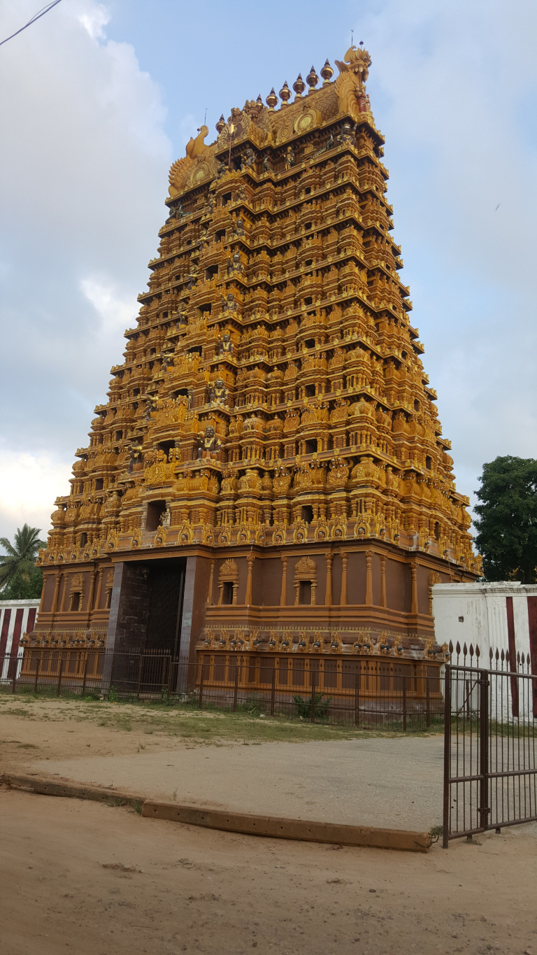 Towering, intricately carved Gopuram (temple tower) of a South Indian temple. The Gopuram is multi-storied, appearing to be at least seven stories high, and is richly adorned with gold-coloured ornamentation. Countless small, detailed sculptures and decorative elements cover its entire surface, creating a dense, layered effect. The carvings depict various figures, likely deities, mythical creatures, and floral motifs. The base of the Gopuram is a darker brown, contrasting with the gilded upper sections. A dark brown, heavy wooden door is visible at the base of the Gopuram. A dark brown or black metal fence surrounds the base of the temple, and a section of a low, concrete curb or barrier is in the foreground. No people are visible in the image.