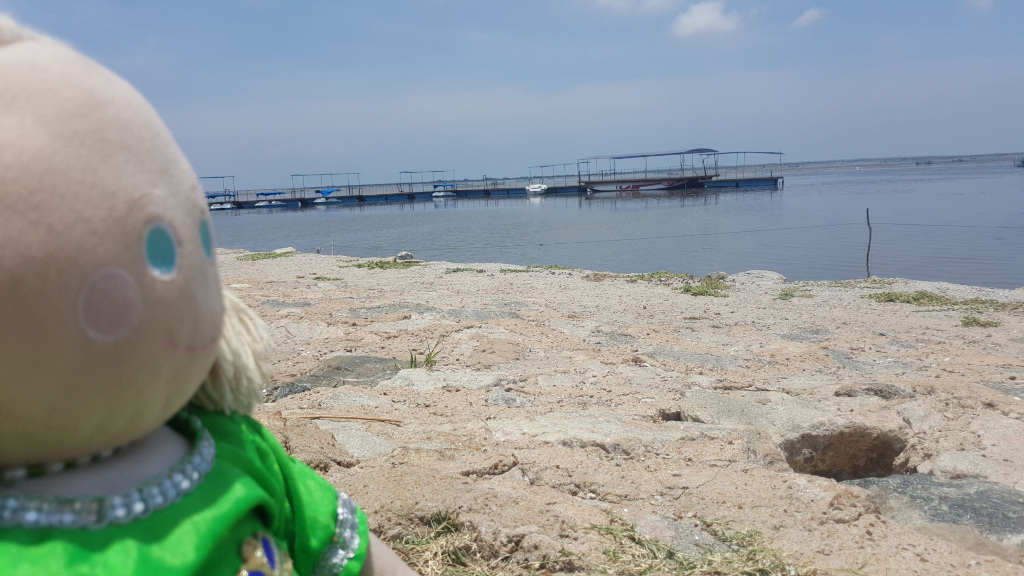 Rag doll, positioned in the lower left corner. The doll is light beige with light blue eyes, rosy cheeks, and light blonde yarn hair. It's wearing a vibrant green dress adorned with a silver sequinned trim around the neckline. The doll appears to be looking towards a body of water. No other people are visible. The background features a calm, expansive body of water under a mostly clear, bright blue sky. A few wispy clouds are scattered across the sky. A series of blue-topped docks or jetties extends horizontally across the middle-ground, leading out into the water. Several small boats are moored at these docks. The foreground is a sandy, textured shoreline with a light beige, almost tan, colour. Patches of sparse, dry-looking grass peek through the sand. The lighting suggests it's midday; the sun is bright, casting even lighting across the scene.